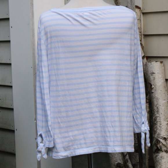 J Crew Periwinkle Blue White Stripe Round Neck Tie Cuff Cotton Tee Sz LARGE - Picture 5 of 7